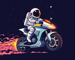 Cartoon illustration of space astronaut riding on motorcycle bike