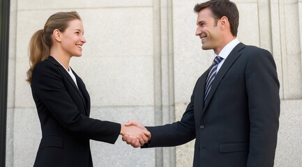 Happy successful professional young woman getting job, giving handshake to employer after interview. Positive confident businesswoman shaking hands with male colleague, partner at meeting.