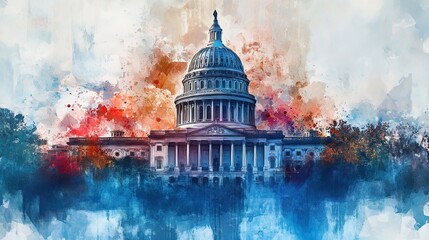 Vibrant Watercolor Dome-Topped Building: A Stunning Poster Celebrating Civic Engagement and the American Spirit for Sports Interior Decor
