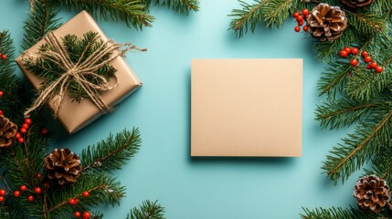 top view of blank Christmas card and small Christmas gift box decoration.