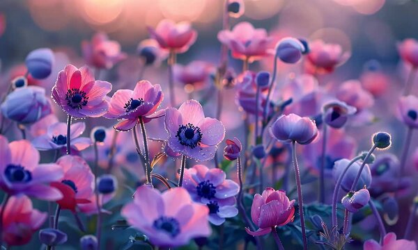 A field of delicate pink and purple Anemones, their petals glistening with morning dew in the soft light of sunrise. The background is blurred to emphasize these vibrant flowers, 