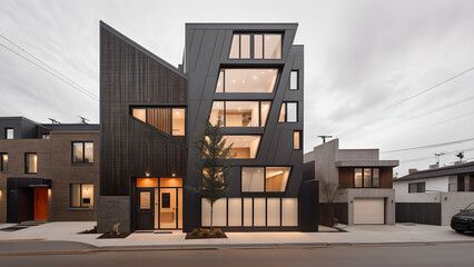 어두운 톤의 외벽의 건물 디자인 조감도.
