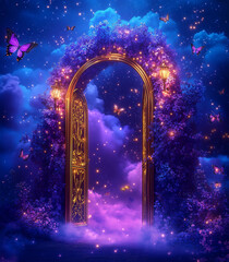 Magical Golden Archway Adorned with Purple Flowers and Glowing Butterflies, Enchanted Gateway Under a Starry Night Sky