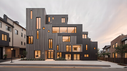 어두운 톤의 외벽의 건물 디자인 조감도.
