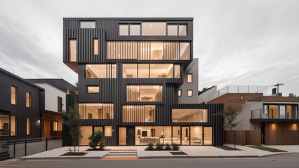 어두운 톤의 외벽의 건물 디자인 조감도.
