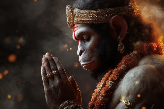 Divine figure: Hanuman, son of Vayu, central character in Ramayana, worshipped during festivals like Hanuman Jayanti, Shivaratri, reflecting his role as a leader, devoted friend of Rama, Sita.