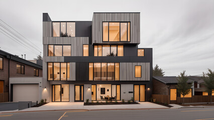 어두운 톤의 외벽의 건물 디자인 조감도.
