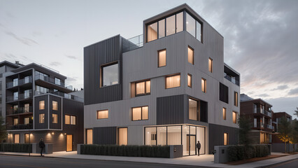어두운 톤의 외벽의 건물 디자인 조감도.
