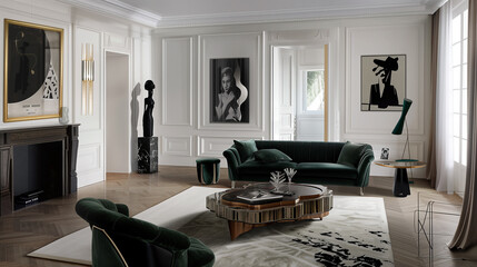 Modern living room interior design with a deep emerald green velvet sofa, light oak flooring, white walls, and gold accents in the decor for a luxurious touch.