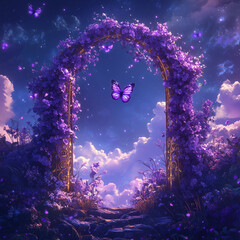 Enchanting Floral Arch with Purple Butterflies Under a Starry Night Sky, Mystical Garden Gateway to a Fantasy World
