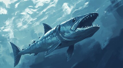 Fototapeta premium Barracuda with Open Mouth in Blue Water