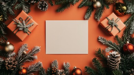 top view of blank Christmas card and small Christmas gift box decoration.