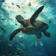 Fototapeta premium Sea turtle choking on plastic debris floating near the surface, Wildlife impact, Pollution damage