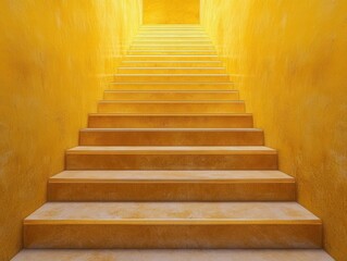 A vibrant staircase leading upwards, bathed in warm yellow hues. The texture of the steps invites exploration.