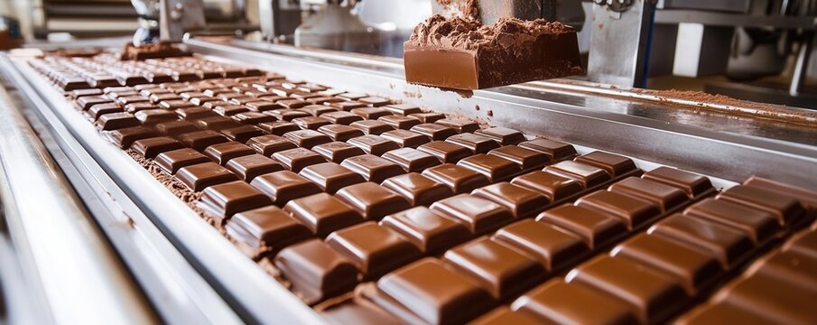 Chocolate bars resting on a conveyor belt in a factory, showcasing the delicious process of candy production.