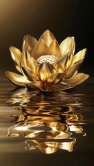 Golden lotus flower floating elegantly on shimmering water surface.