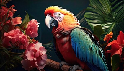 Fototapeta premium Cute funny cartoon parrot tropical leaves, flowers 