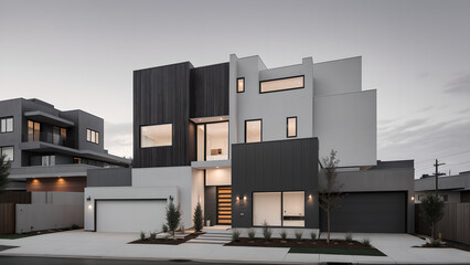 어두운 톤의 외벽의 건물 디자인 조감도.
