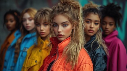 Group of stylish young women posing in front of a wall