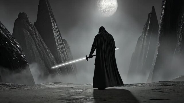 A dark figure stands with a lightsaber in a mountainous landscape beneath a full moon