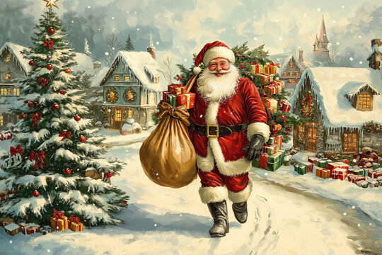 Festive illustration of a happy Santa Claus, carrying his huge bag of gifts, is walking next to the Christmas tree in front of an old wooden house.


