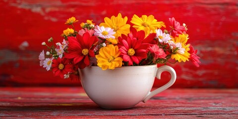 A vibrant bouquet of colorful flowers in a cup, set against a rustic red background.