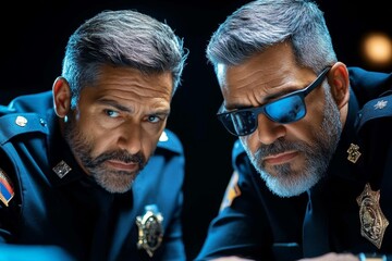 Detective leaning forward with a serious expression, questioning a suspect, with intense focus and bright lighting creating a tense atmosphere, symbolizing authority and focus