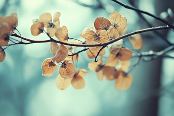 Delicate branches with translucent leaves against a soft, blurred background.