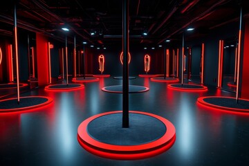 Digital 3D scene of an interrogation room with a one-way mirror and intense lighting, capturing the suspense and controlled tension of modern interrogation, symbolizing intensity and scrutiny