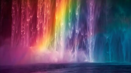 Fototapeta premium A vibrant rainbow forming above a misty waterfall, with the bright spectrum of colors glowing through the spray of water.