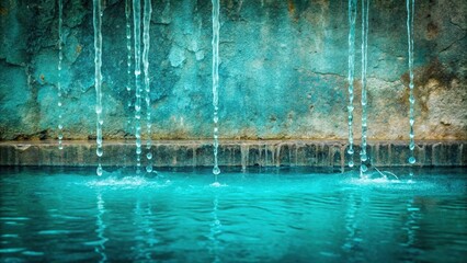 Dripping turquoise water flows down a worn stone surface, liquid movement, dripping fluid
