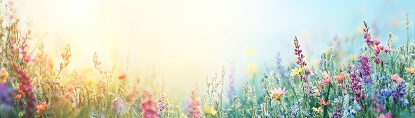 Obraz premium A vibrant field of colorful wildflowers under a bright sky.
