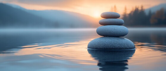 A serene stack of stones on water, reflecting a tranquil sunset.