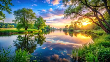 Nature-inspired colors blending together in a serene landscape, nature, harmony, music