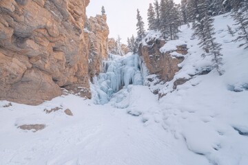 Majestic frozen waterfall cascading down snowy rocky mountainside in winter wonderland