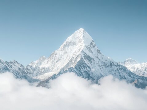 Majestic snow covered mountain peak above cloudline against clear blue sky