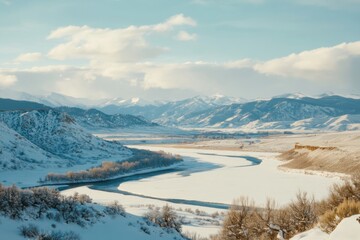 Majestic winter landscape with snowy mountains and serene river
