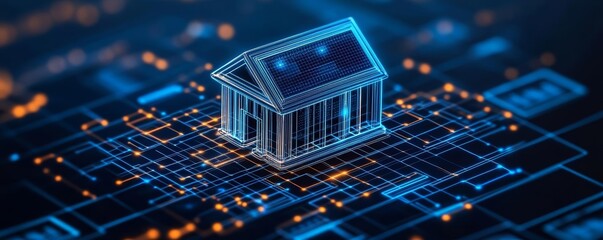 3Drendered glowing bank icon with abstract digital connections, futuristic online banking interface, blue tones and network graphics