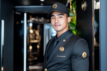 Hotel bellhop in a vintage-style uniform with hat and buttons, capturing the charm and tradition of hospitality, symbolizing friendliness and heritage