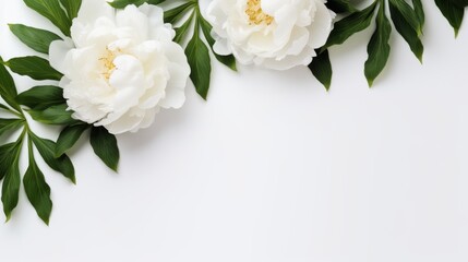 Close-up frame of three white peony flowers with lush green leaves on a clean white background, showcasing delicate petals and vibrant floral details
