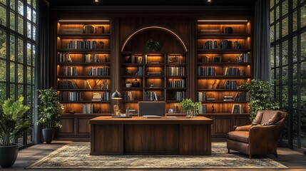 A stylish office with a wooden desk, bookshelves, plants, and warm lighting.