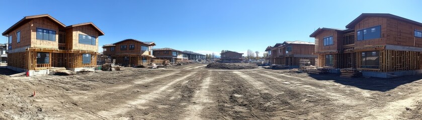Obraz premium Construction site with multiple wooden houses in progress under a clear blue sky.