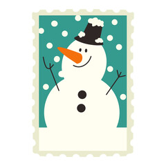 Hand drawn Christmas Stamp cute Snowman wear hat in winter snow drop snow flake for decoration elements