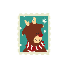 Hand drawn Christmas Stamp Rudolf reindeer with red and white scarf for decoration elements