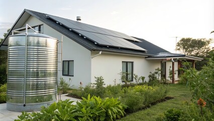 A modern, sustainable home with a large water tank and solar panels on the roof, surrounded by lush greenery.