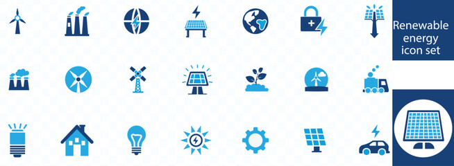 Renewable energy icon set with sunlight, wind, water, fossil fuel, oil, gas, coal, air pollution, solar and panel