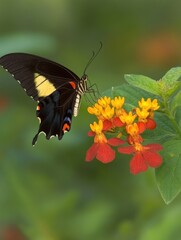Fototapeta premium A butterfly perched on vibrant flowers in a lush green environment.