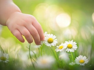 A child's hand gently touches daisies in a sunlit grassy field.
