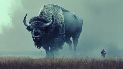 Giant Bison in Mist with a lone Figure in the Distance