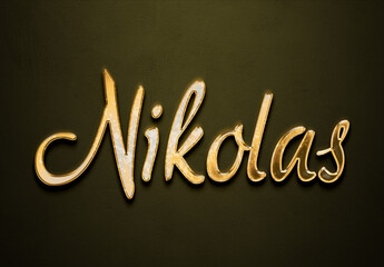 Old gold text effect of Deutsche name Nikolas with 3D glossy style Mockup.